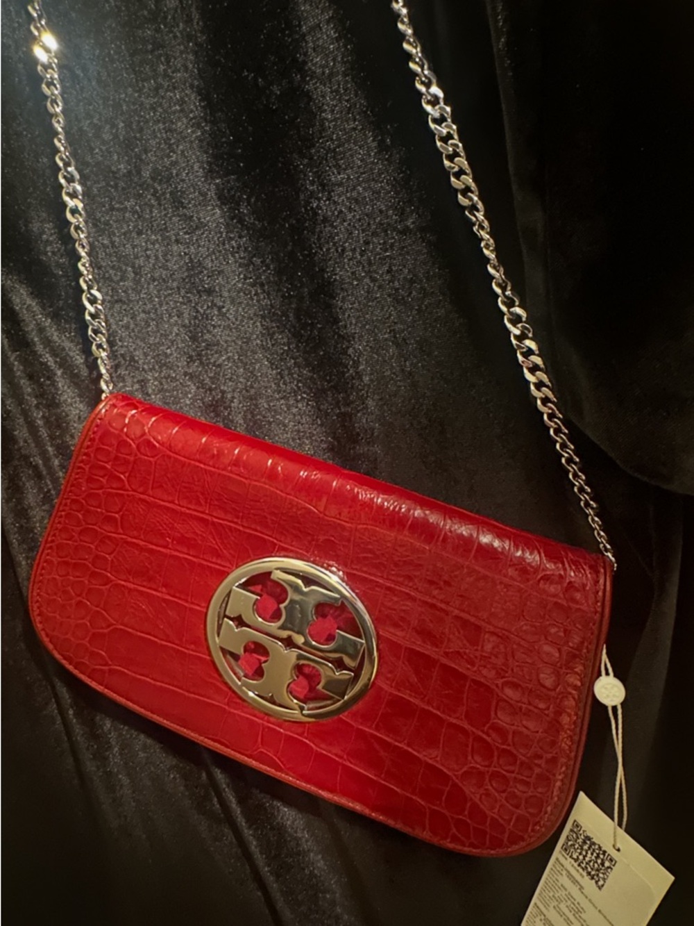 Red Croc-Embossed Chain Shoulder Bag with Silver Tory Burch Logo
